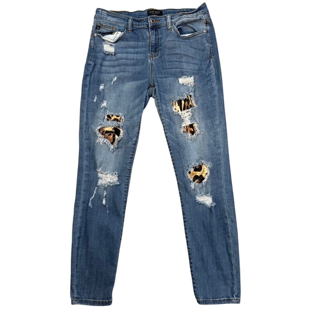Judy Blue Distressed Skinny Jeans with Leopard Patch - Medium Blue